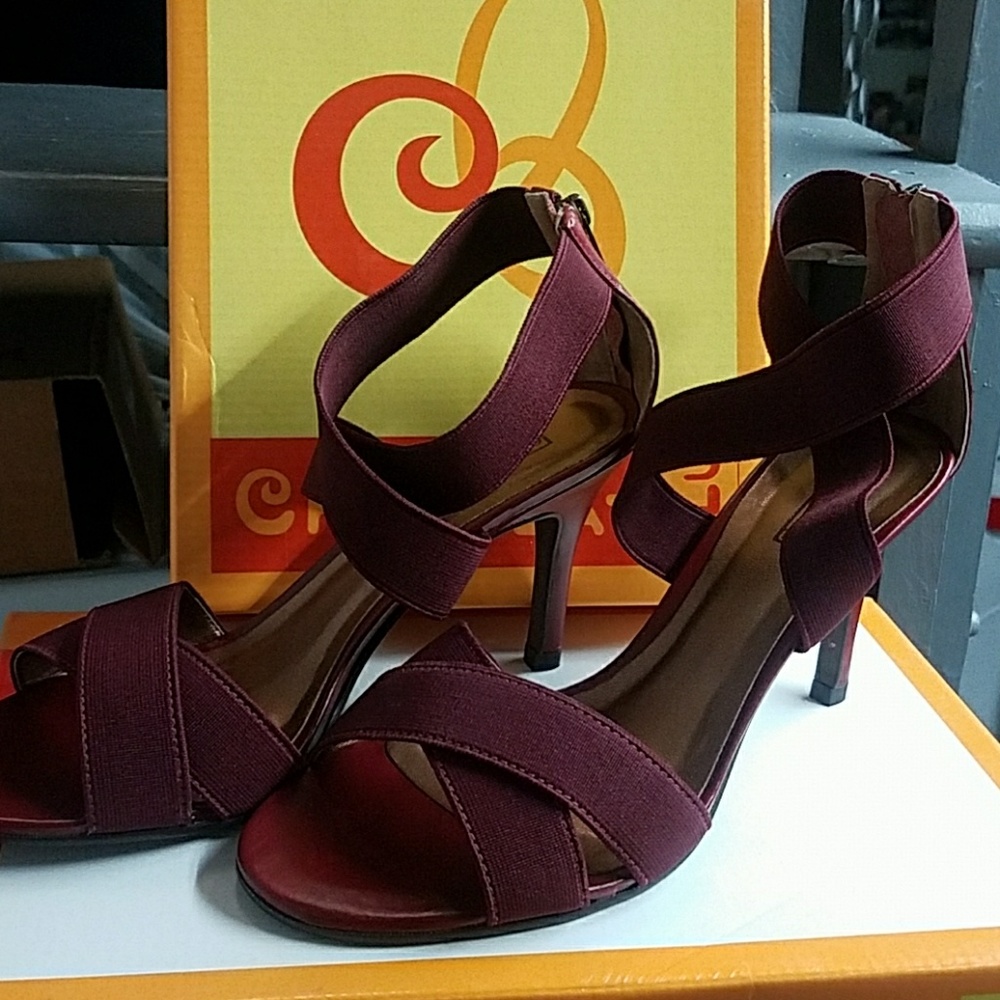Red heeled Sandals - size 7, elastic strap, 4 inch